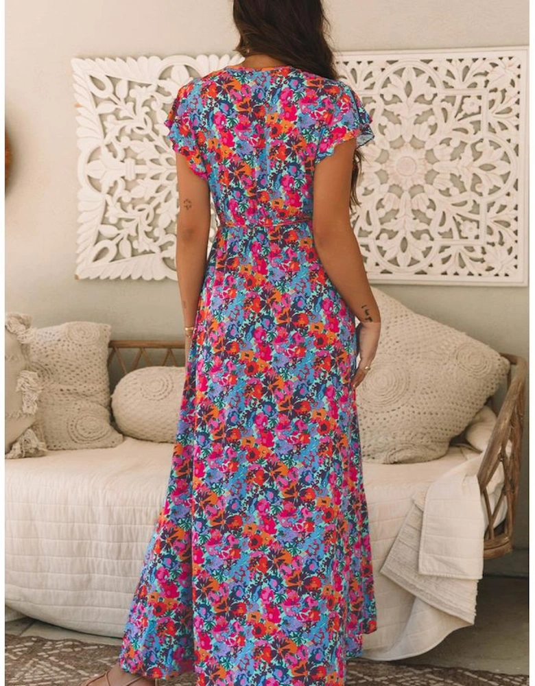 Blue Floral Print V Neck Wrap Split Maxi Dress