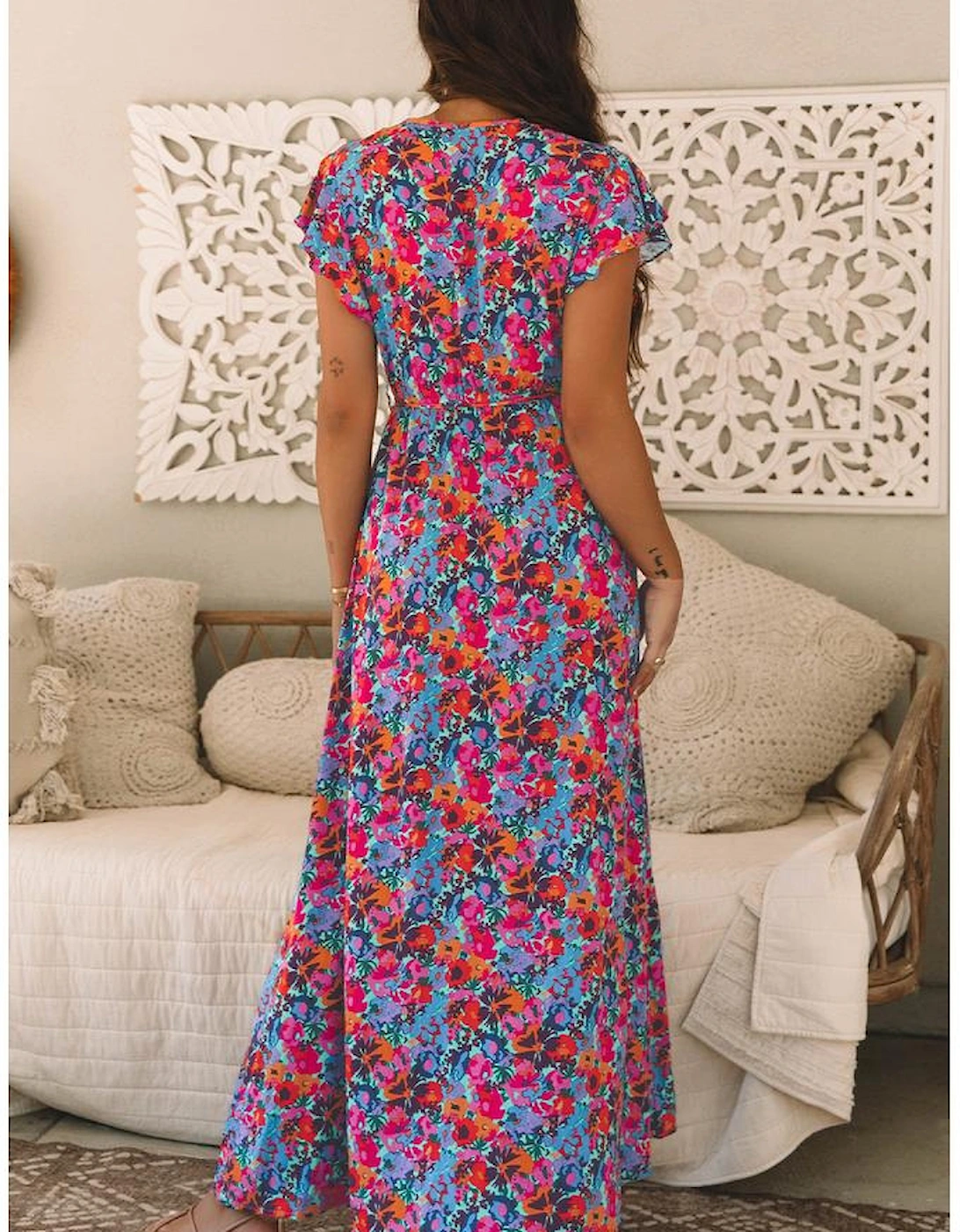 Blue Floral Print V Neck Wrap Split Maxi Dress, 14 of 13