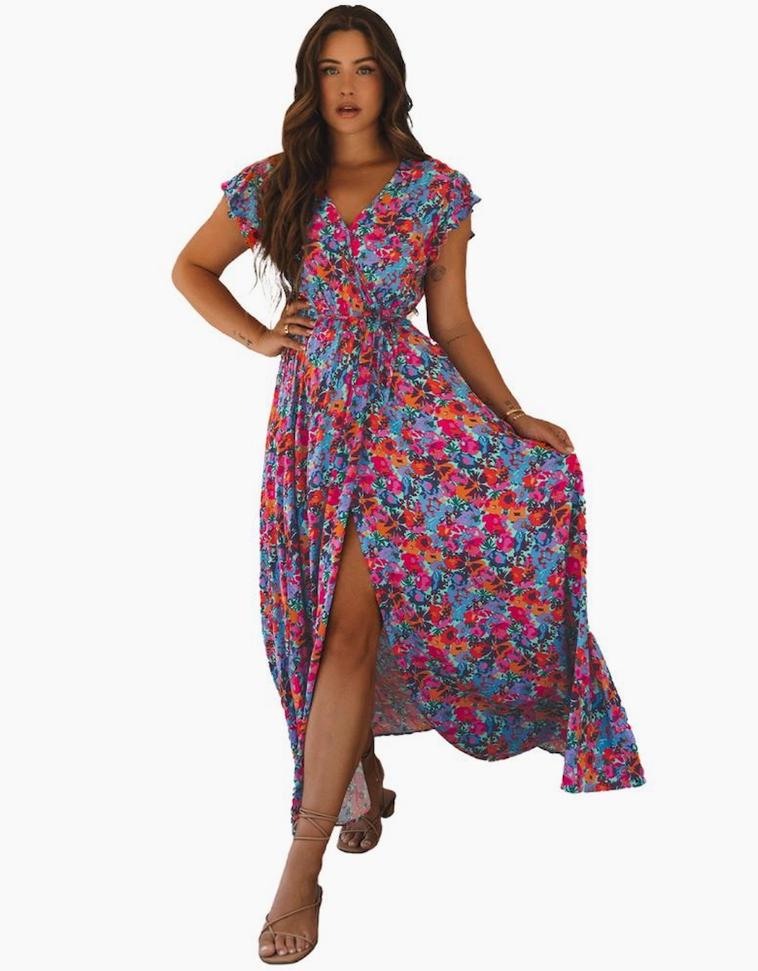 Blue Floral Print V Neck Wrap Split Maxi Dress