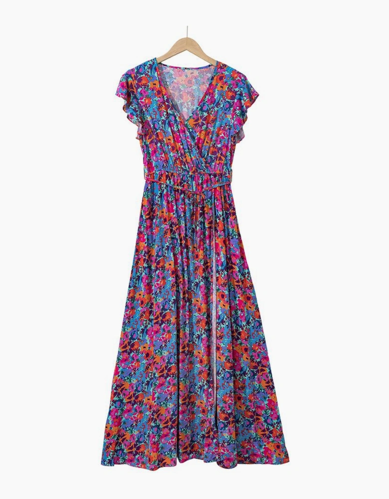Blue Floral Print V Neck Wrap Split Maxi Dress