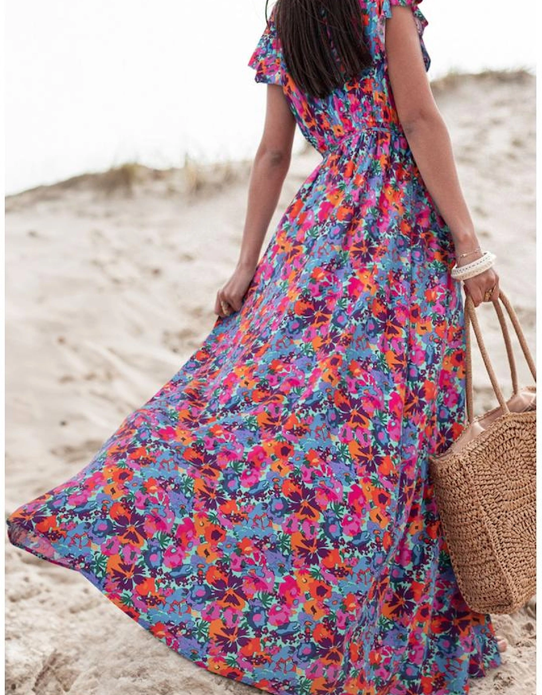 Blue Floral Print V Neck Wrap Split Maxi Dress