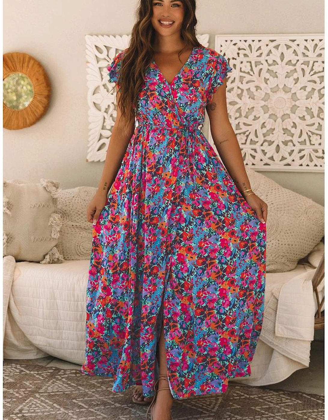 Blue Floral Print V Neck Wrap Split Maxi Dress