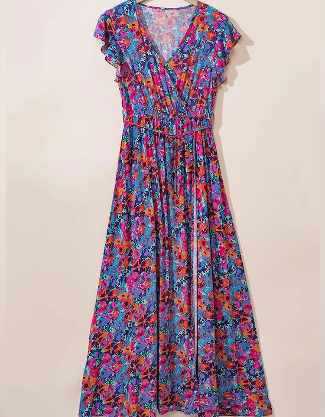 Blue Floral Print V Neck Wrap Split Maxi Dress