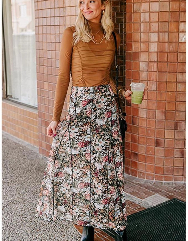 Brown Floral Print High Waist Maxi Skirt
