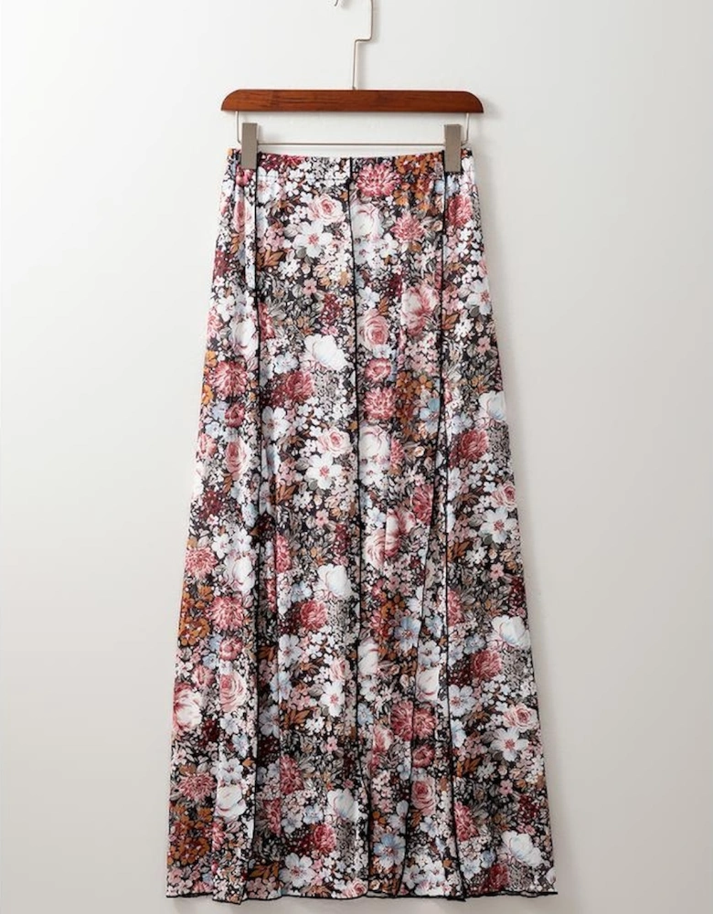 Brown Floral Print High Waist Maxi Skirt