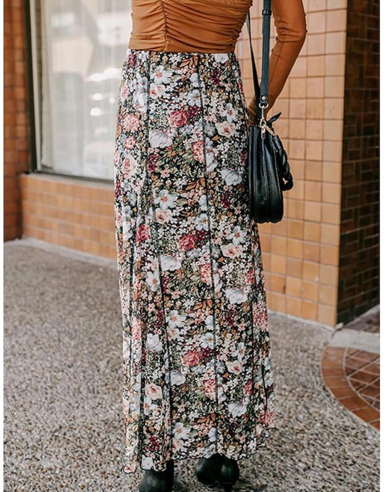Brown Floral Print High Waist Maxi Skirt
