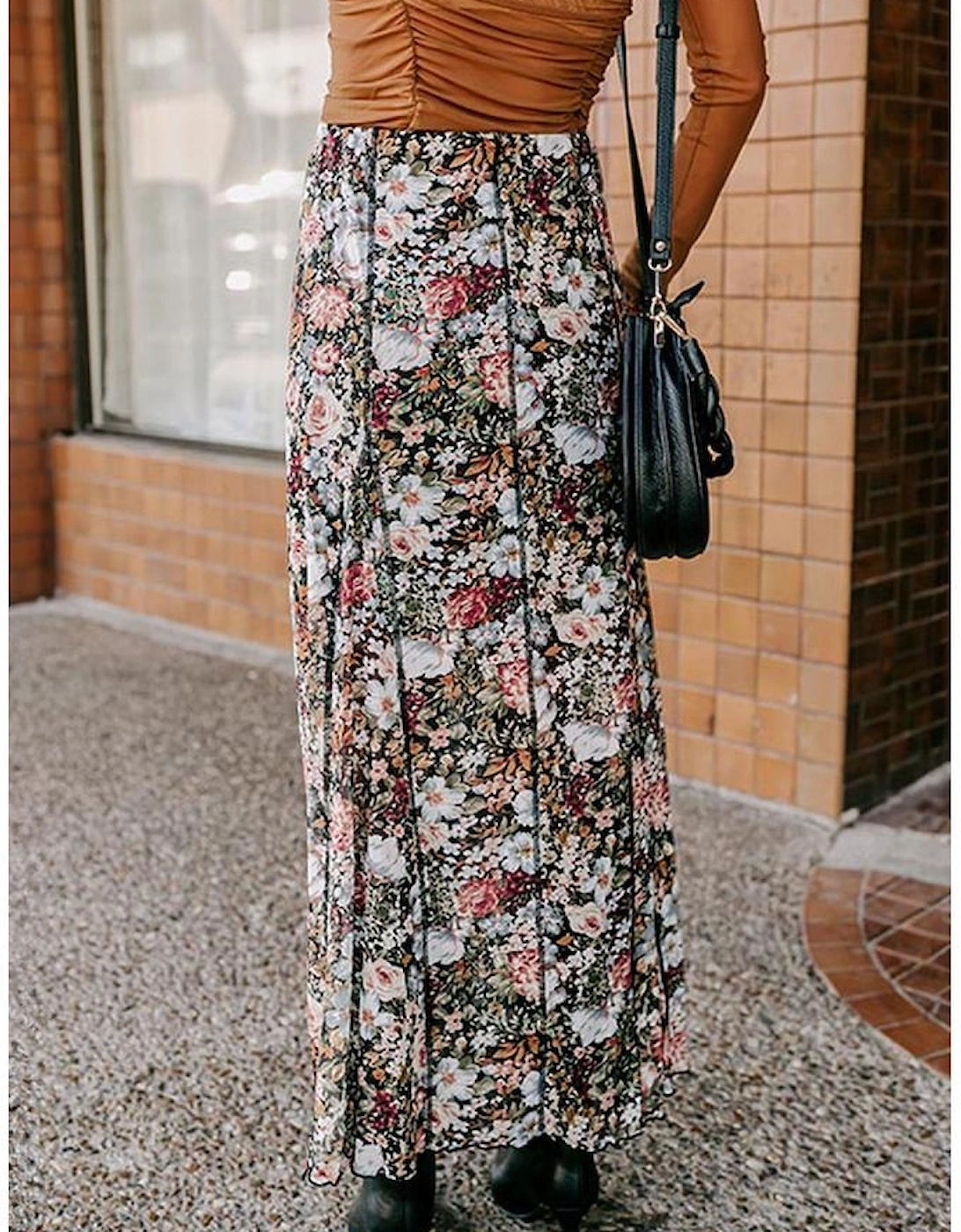 Brown Floral Print High Waist Maxi Skirt