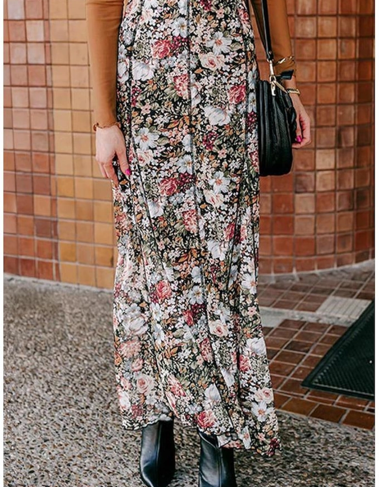 Brown Floral Print High Waist Maxi Skirt