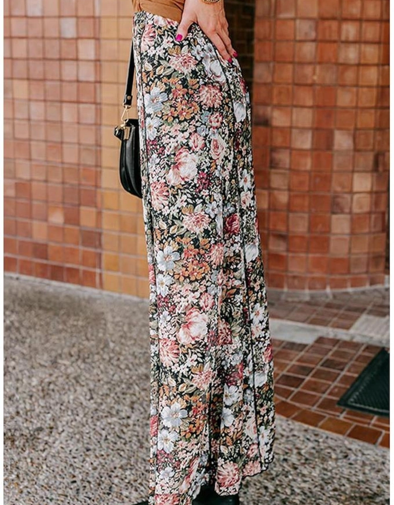 Brown Floral Print High Waist Maxi Skirt