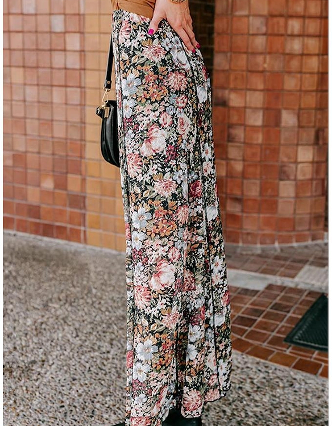Brown Floral Print High Waist Maxi Skirt