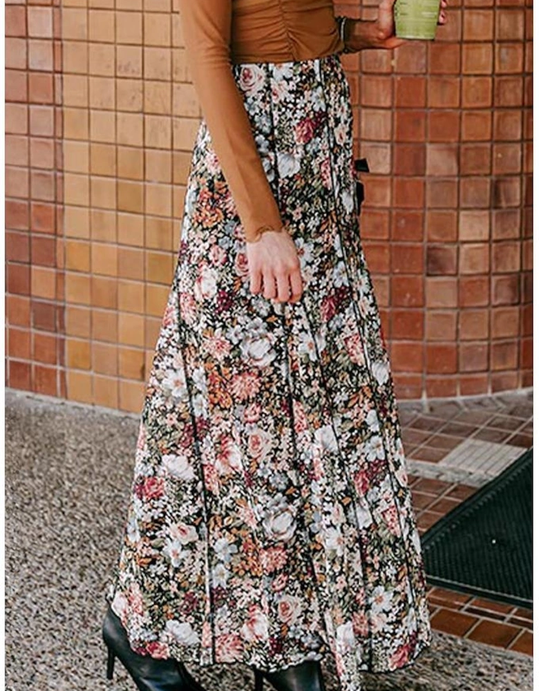Brown Floral Print High Waist Maxi Skirt
