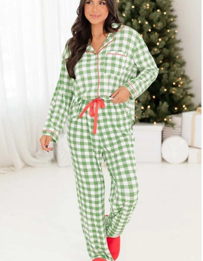 Light Green Christmas Plaid Print Shirt and Pants Pajama Set