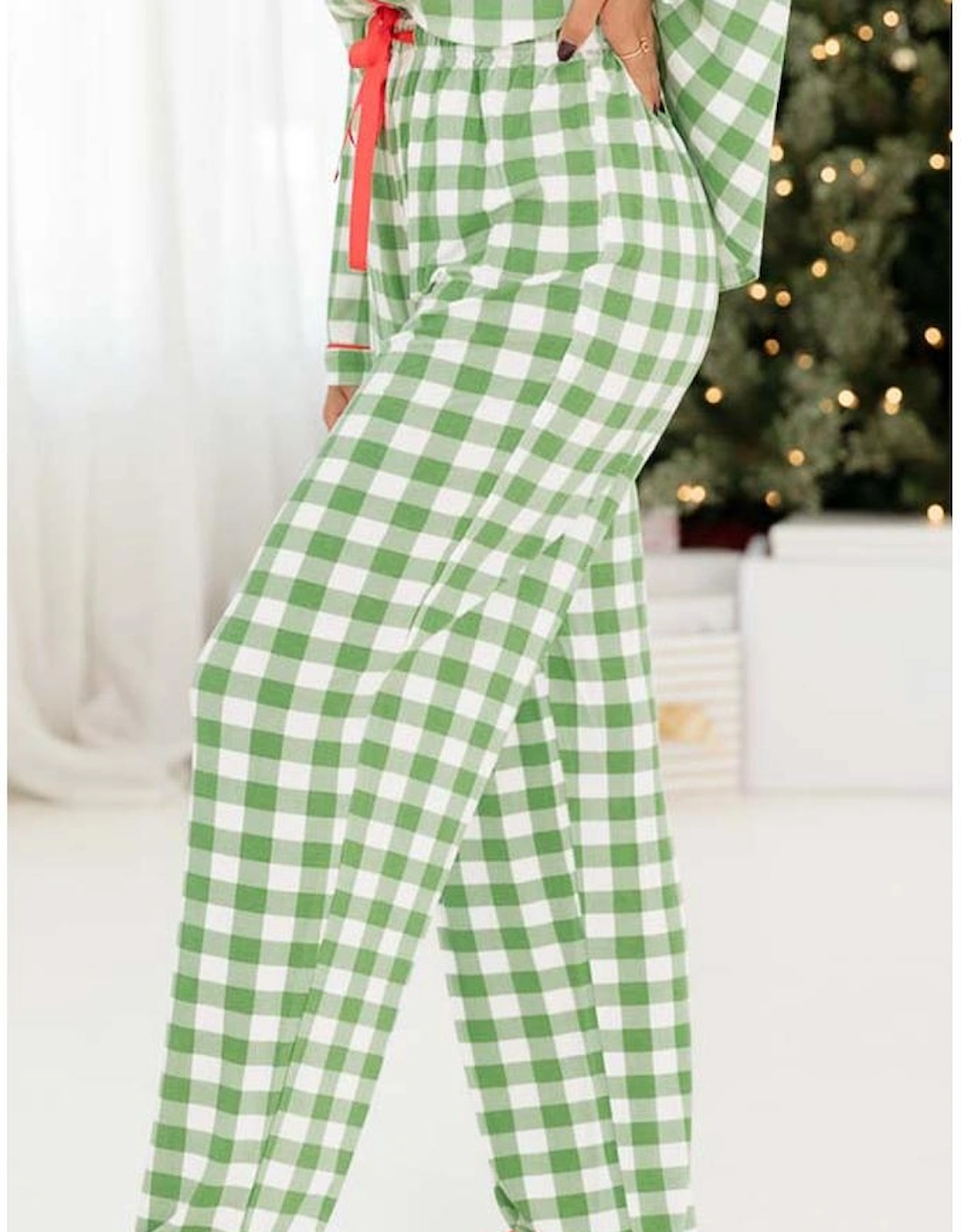 Light Green Christmas Plaid Print Shirt and Pants Pajama Set