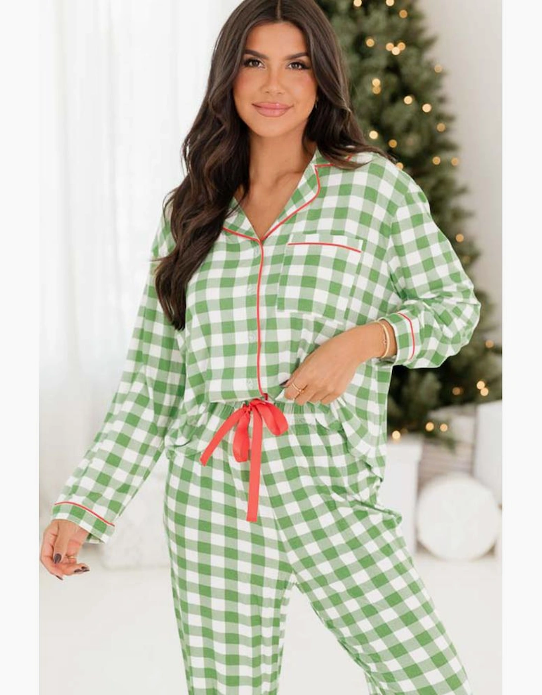 Light Green Christmas Plaid Print Shirt and Pants Pajama Set, 14 of 13