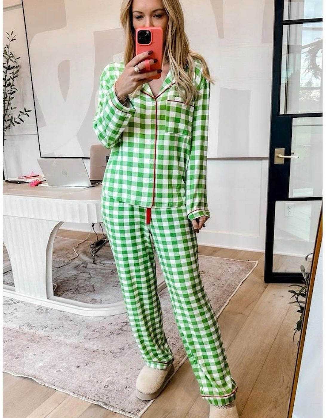 Light Green Christmas Plaid Print Shirt and Pants Pajama Set