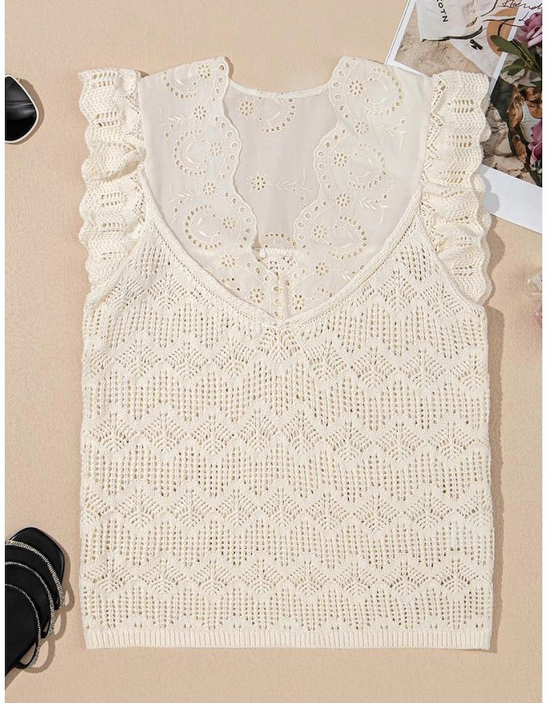 Beige Embroidered Patchwork Hollow Out Knitted Ruffle Sweater Vest