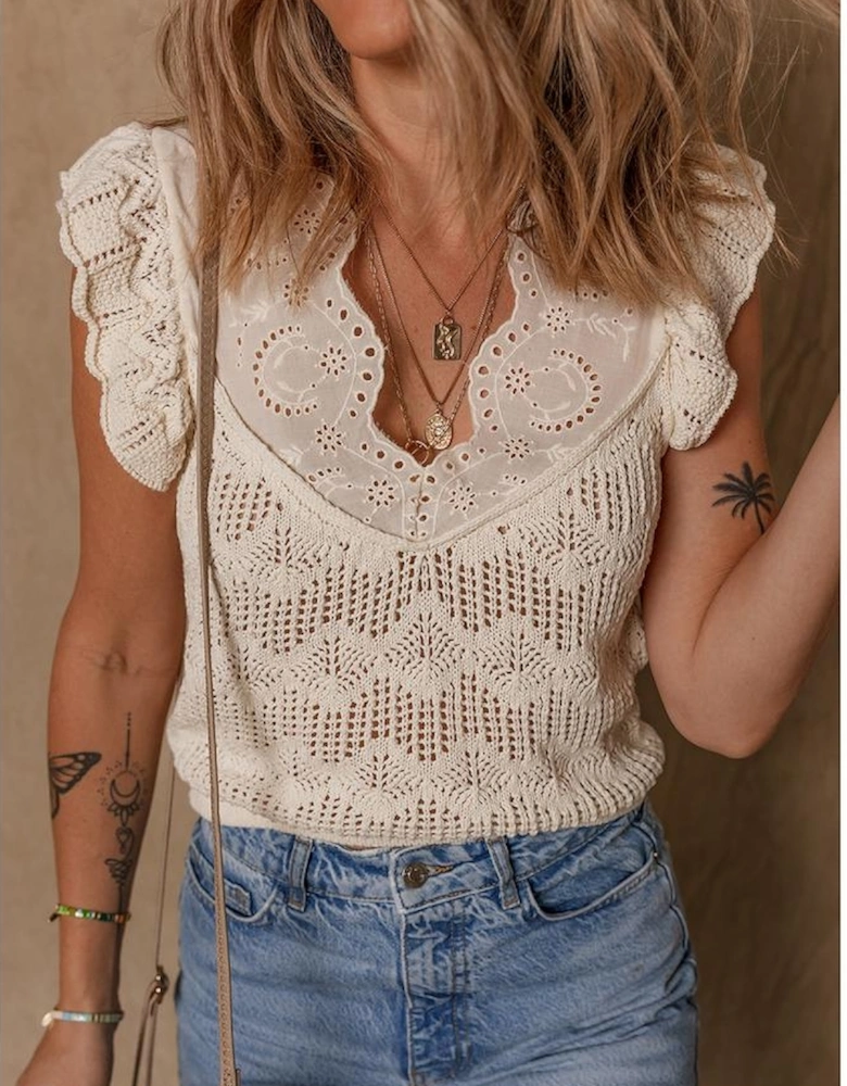 Beige Embroidered Patchwork Hollow Out Knitted Ruffle Sweater Vest