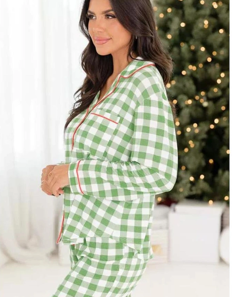 Light Green Christmas Plaid Print Shirt and Pants Pajama Set
