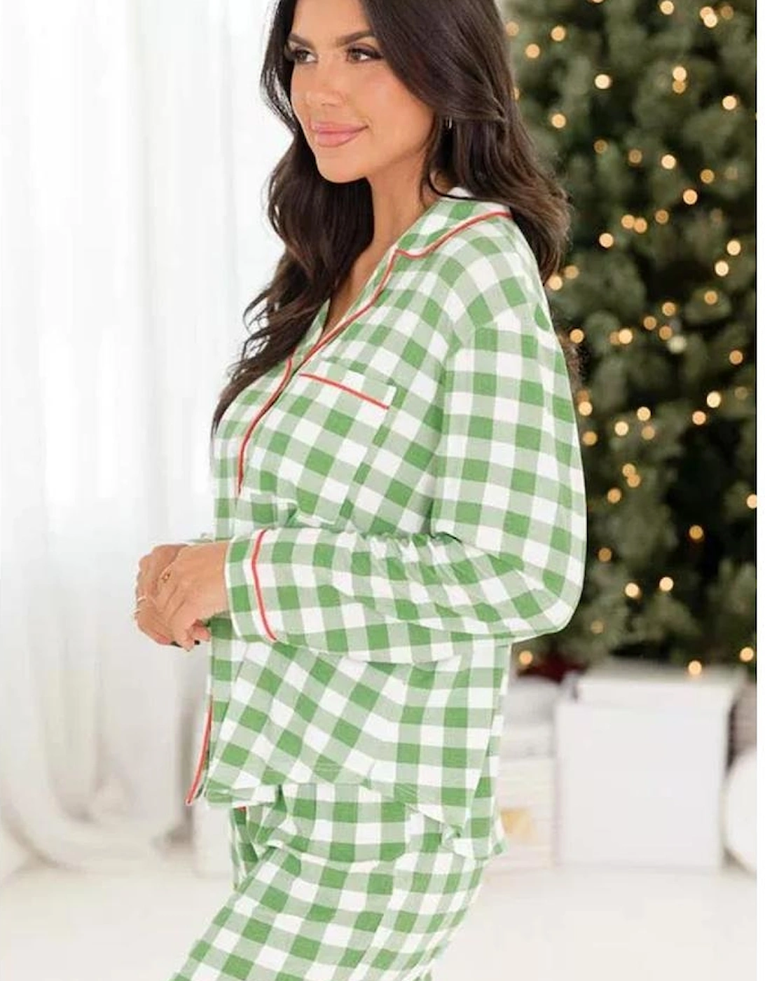 Light Green Christmas Plaid Print Shirt and Pants Pajama Set