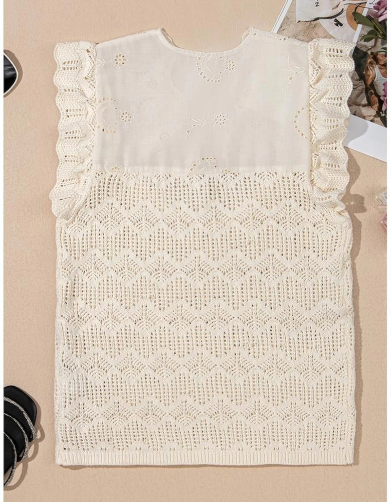 Beige Embroidered Patchwork Hollow Out Knitted Ruffle Sweater Vest