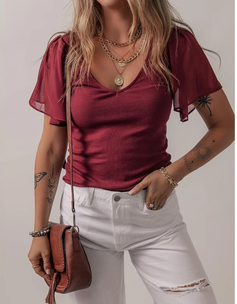 Red Dahlia Mesh Ruffled Sleeve Slim Fit V Neck Top