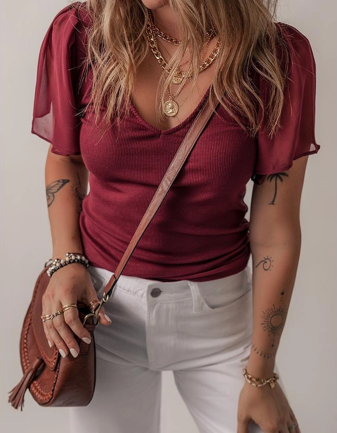 Red Dahlia Mesh Ruffled Sleeve Slim Fit V Neck Top