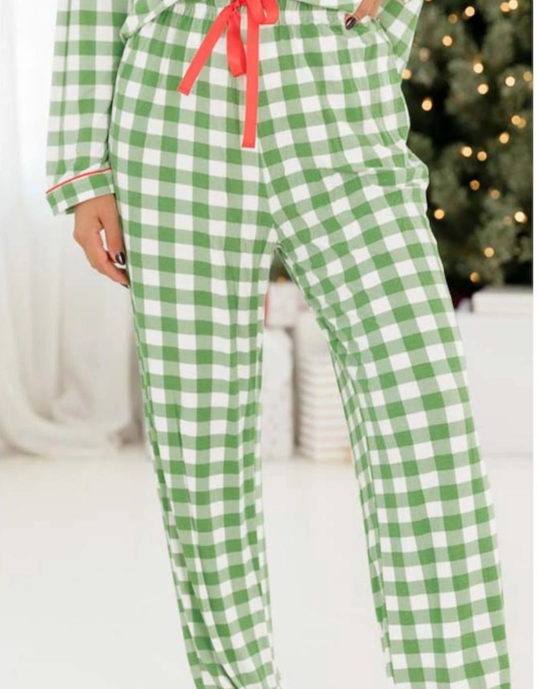 Light Green Christmas Plaid Print Shirt and Pants Pajama Set