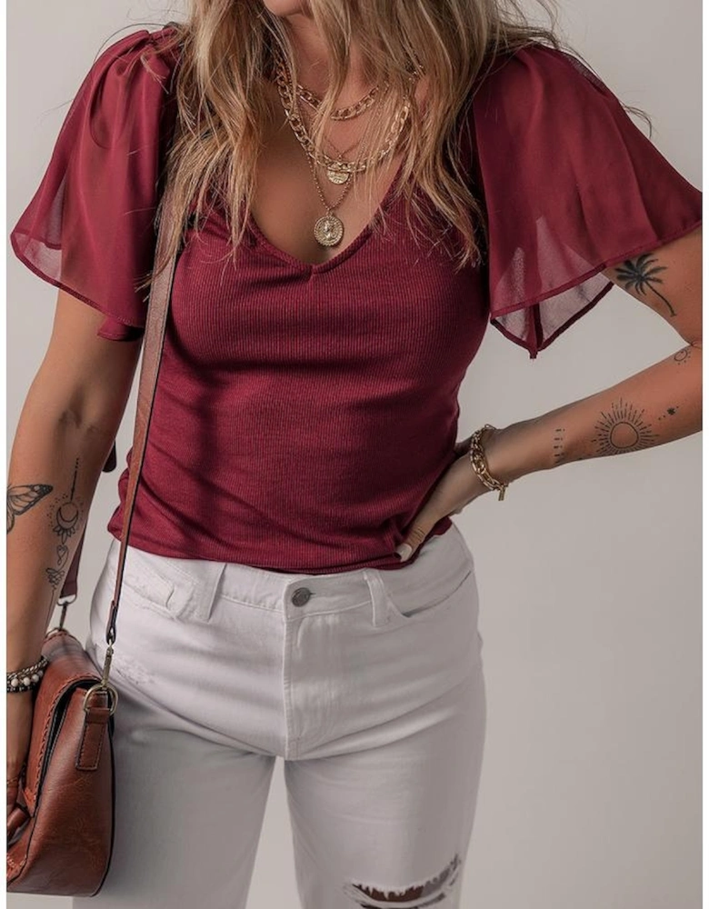 Red Dahlia Mesh Ruffled Sleeve Slim Fit V Neck Top