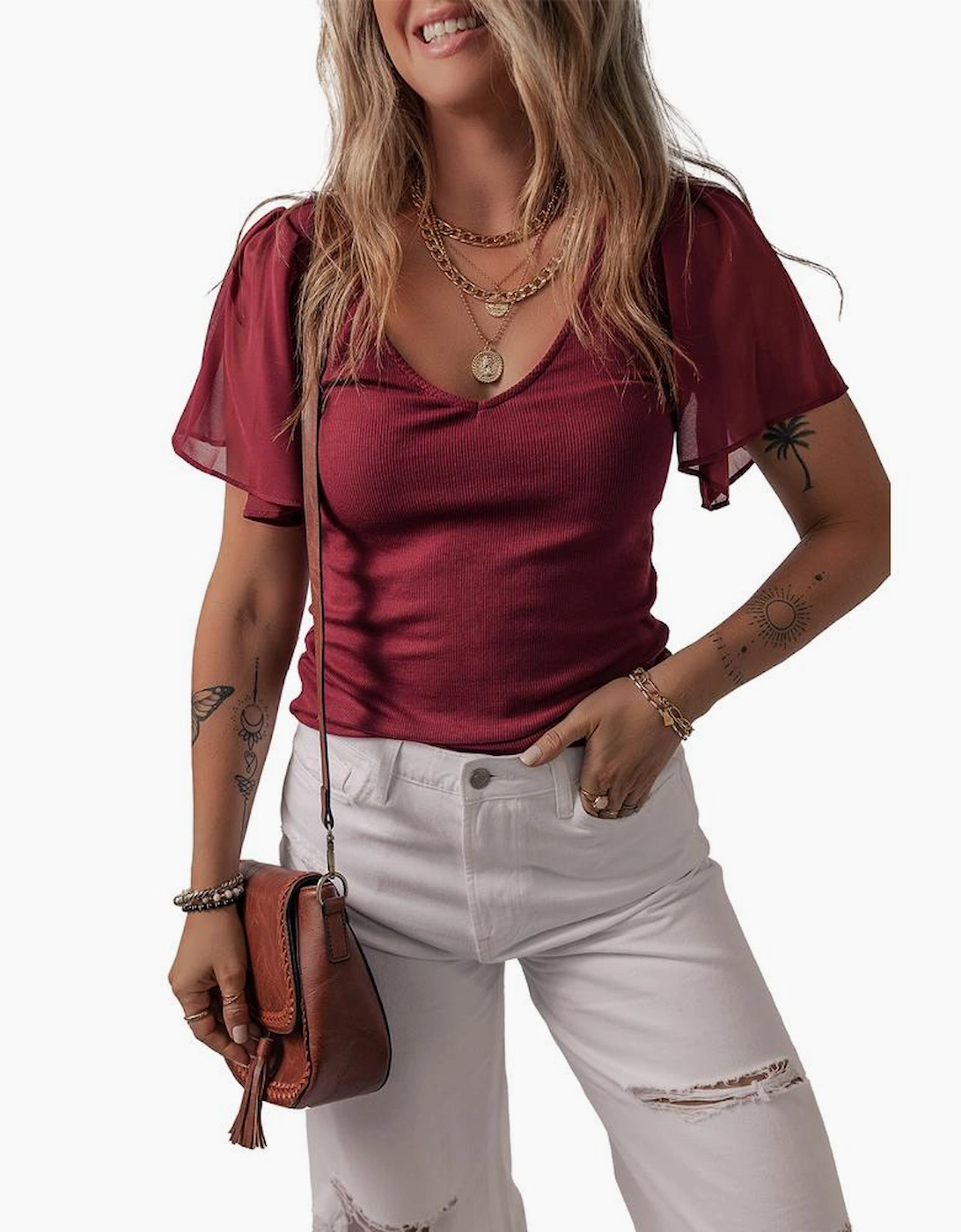 Red Dahlia Mesh Ruffled Sleeve Slim Fit V Neck Top