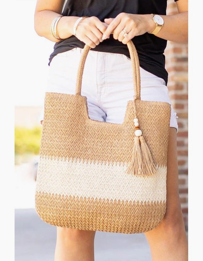 Chestnut Color Block Straw Woven Tassel Decor Tote Bag