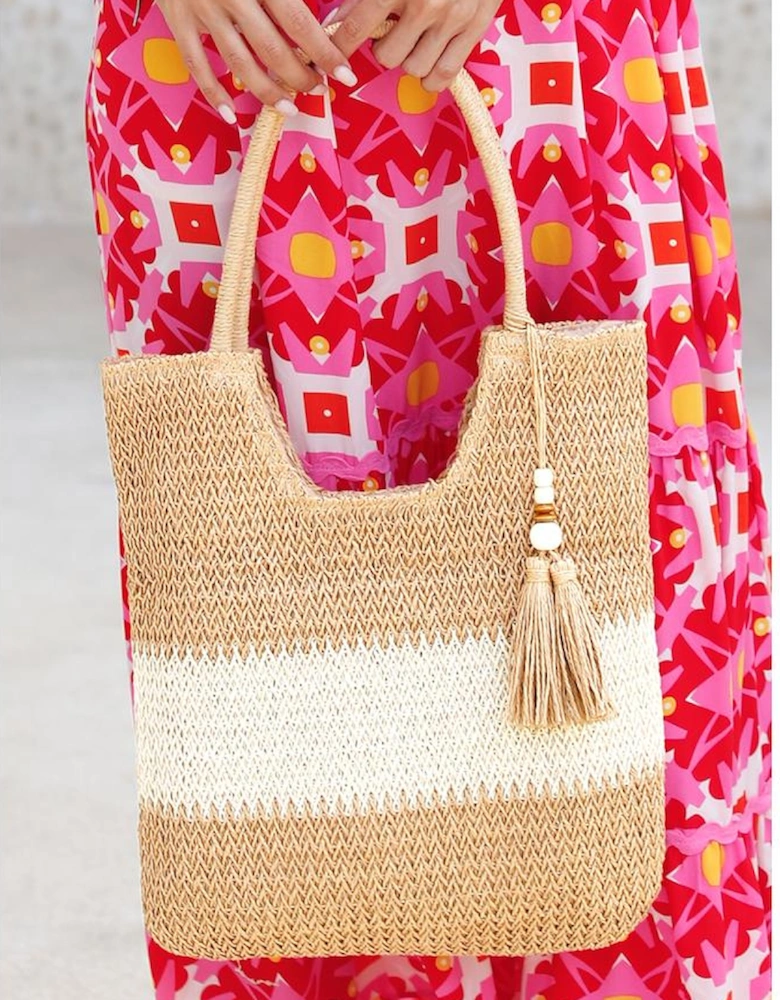 Chestnut Color Block Straw Woven Tassel Decor Tote Bag
