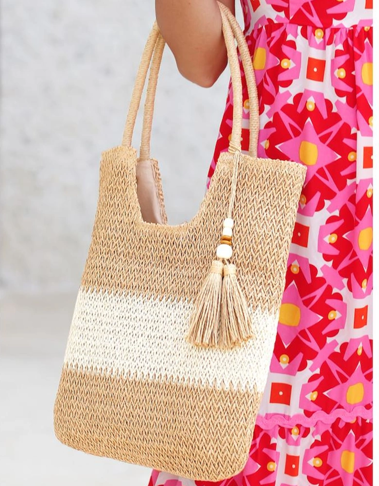 Chestnut Color Block Straw Woven Tassel Decor Tote Bag