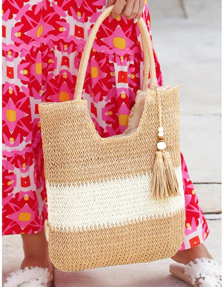Chestnut Color Block Straw Woven Tassel Decor Tote Bag