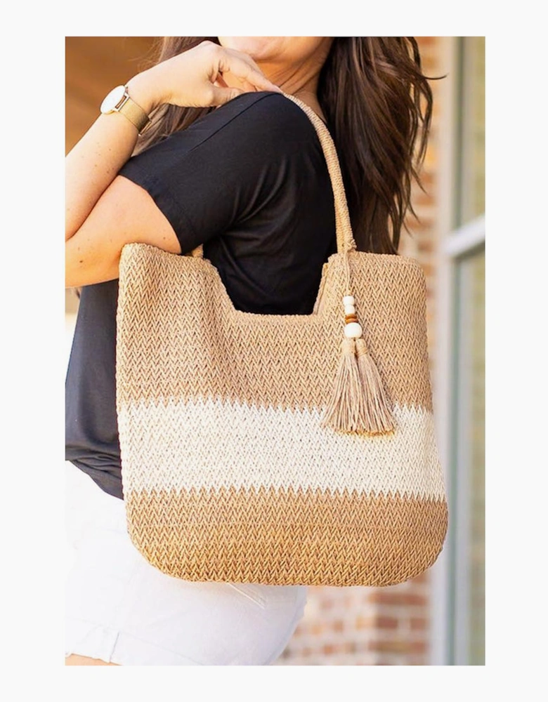Chestnut Color Block Straw Woven Tassel Decor Tote Bag