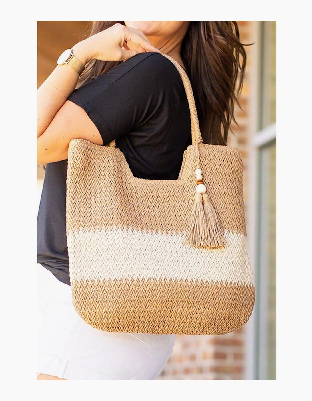 Chestnut Color Block Straw Woven Tassel Decor Tote Bag