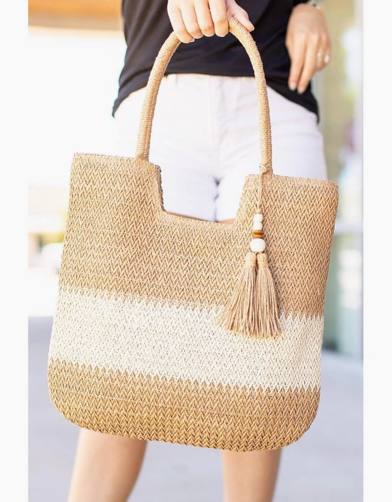 Chestnut Color Block Straw Woven Tassel Decor Tote Bag