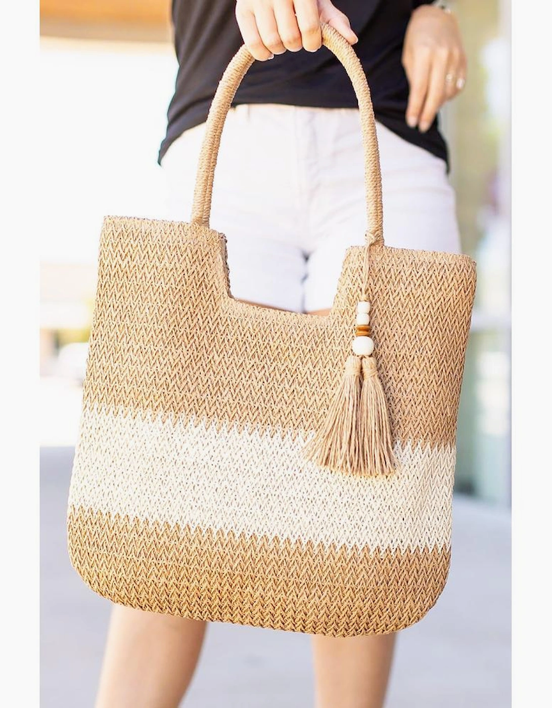 Chestnut Color Block Straw Woven Tassel Decor Tote Bag, 10 of 9