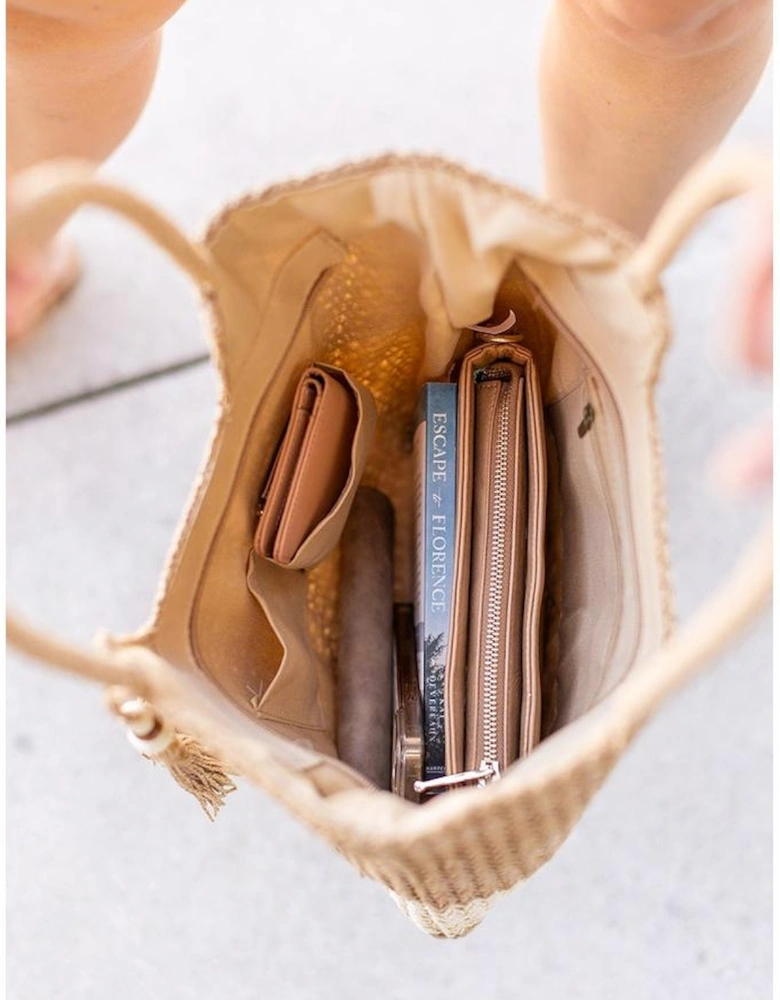 Chestnut Color Block Straw Woven Tassel Decor Tote Bag