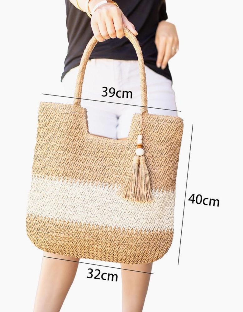 Chestnut Color Block Straw Woven Tassel Decor Tote Bag
