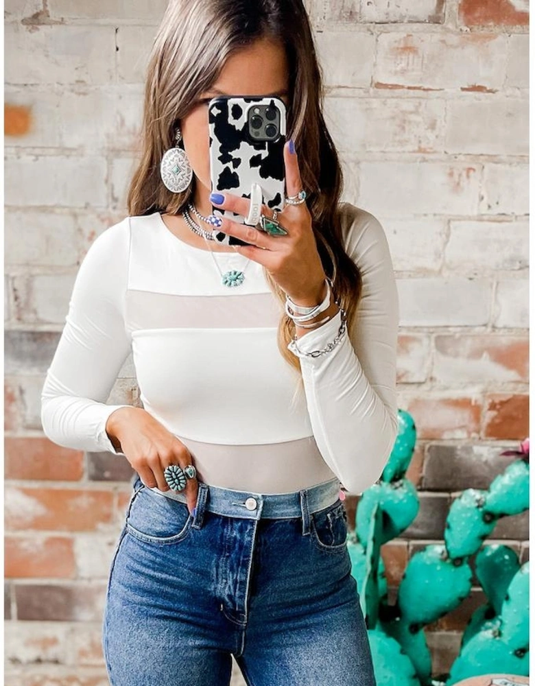 White Mesh Patchwork Long Sleeve Bodysuit