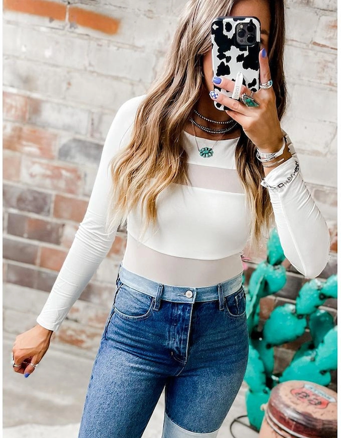 White Mesh Patchwork Long Sleeve Bodysuit