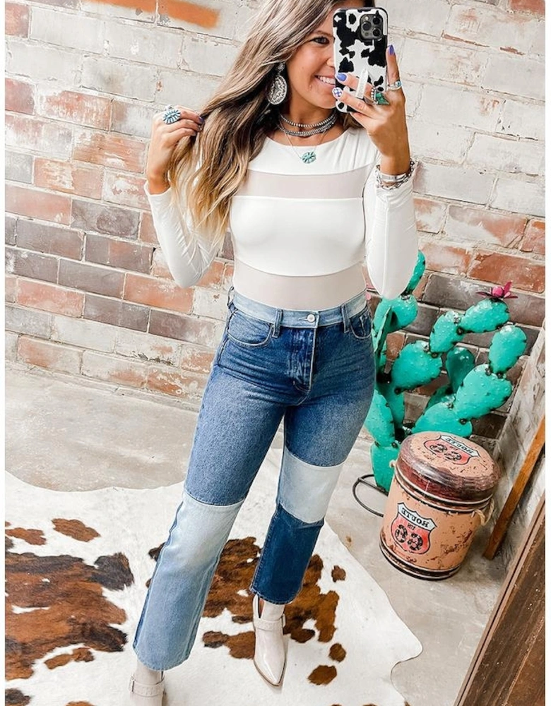 White Mesh Patchwork Long Sleeve Bodysuit