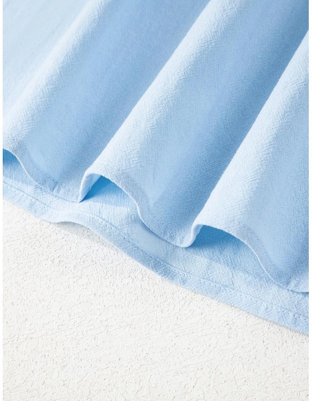 Beau Blue Solid Color Embroidered Scalloped Sleeves Crew Neck Blouse