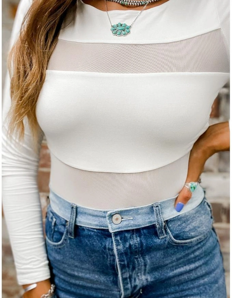 White Mesh Patchwork Long Sleeve Bodysuit