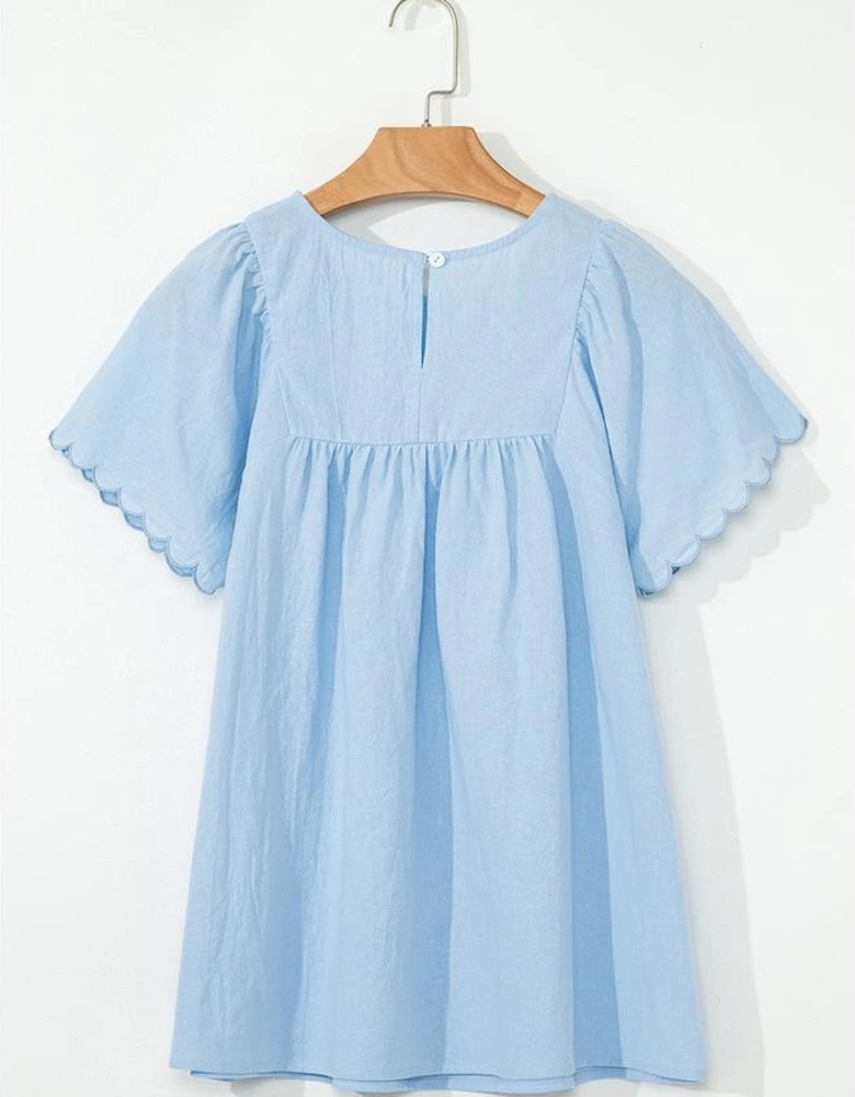 Beau Blue Solid Color Embroidered Scalloped Sleeves Crew Neck Blouse