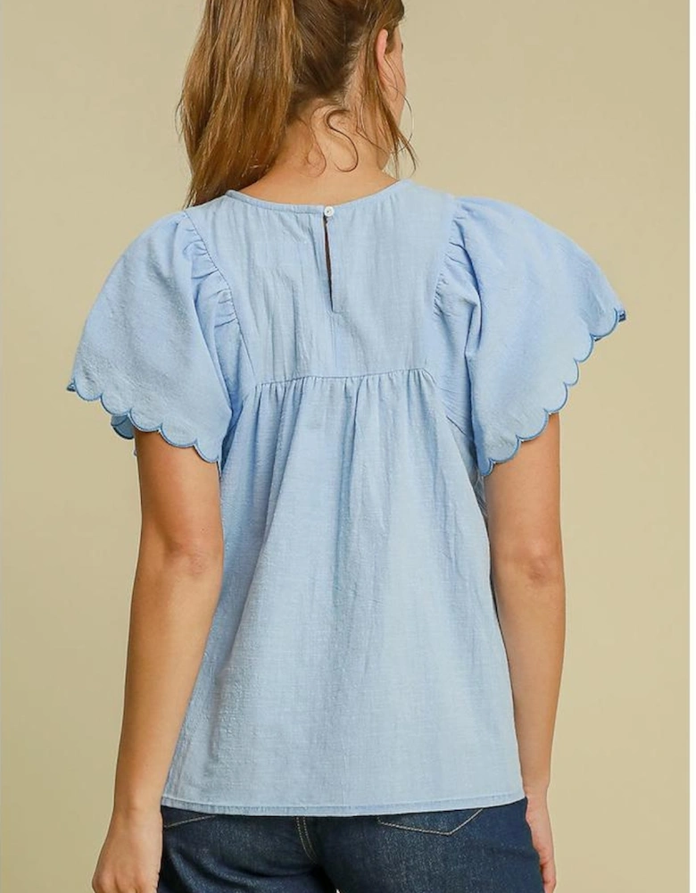 Beau Blue Solid Color Embroidered Scalloped Sleeves Crew Neck Blouse