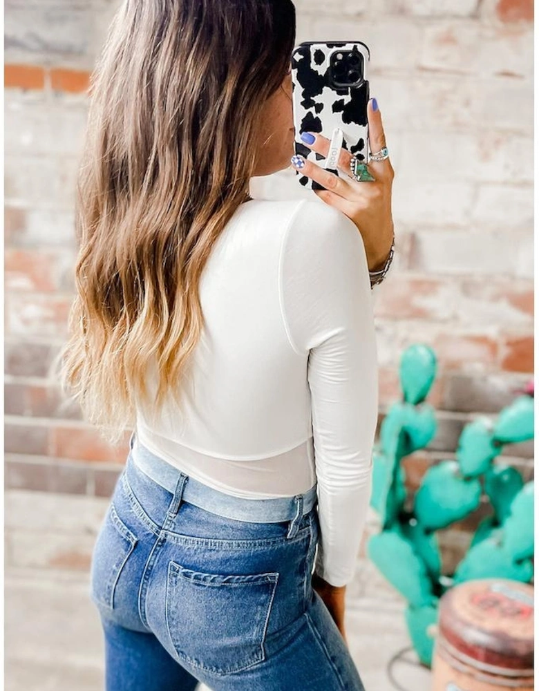 White Mesh Patchwork Long Sleeve Bodysuit