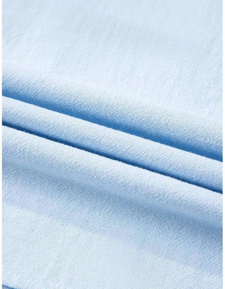 Beau Blue Solid Color Embroidered Scalloped Sleeves Crew Neck Blouse