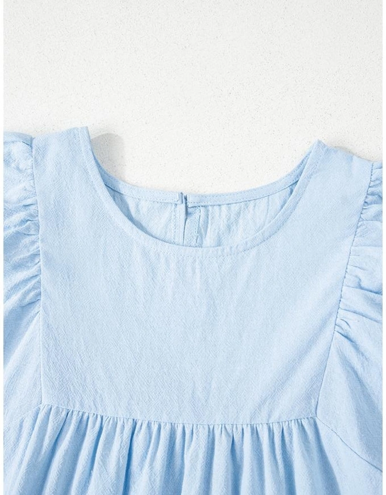 Beau Blue Solid Color Embroidered Scalloped Sleeves Crew Neck Blouse