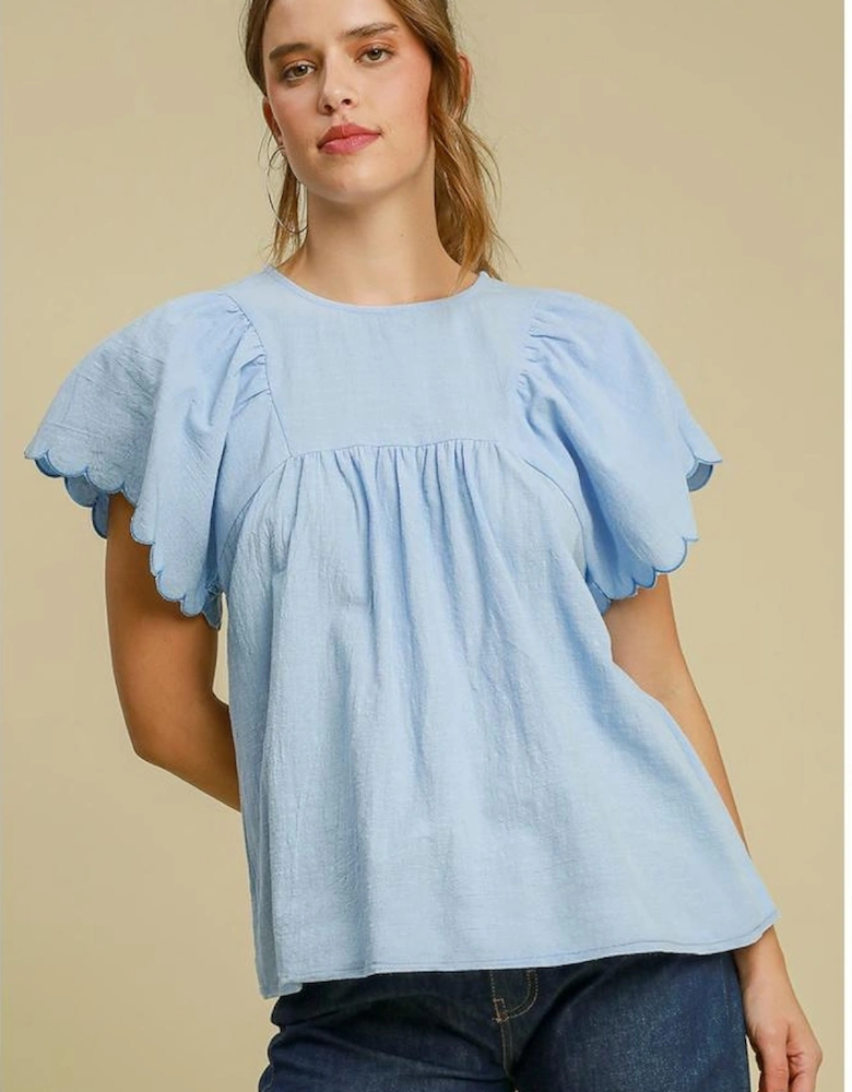 Beau Blue Solid Color Embroidered Scalloped Sleeves Crew Neck Blouse